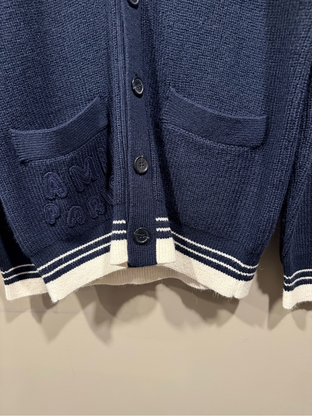 Ami Paris Navy Blue Ribbed Cotton V-Neck Button Cardigan image 2